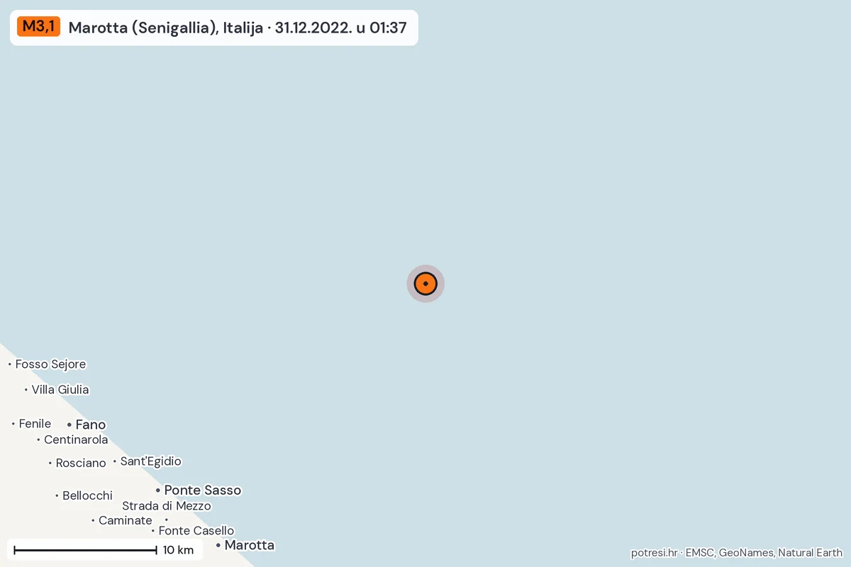 Karta: okolica epicentra, 60 km, potres M3,1, Marotta (Senigallia), Italija, 31.12.2022.