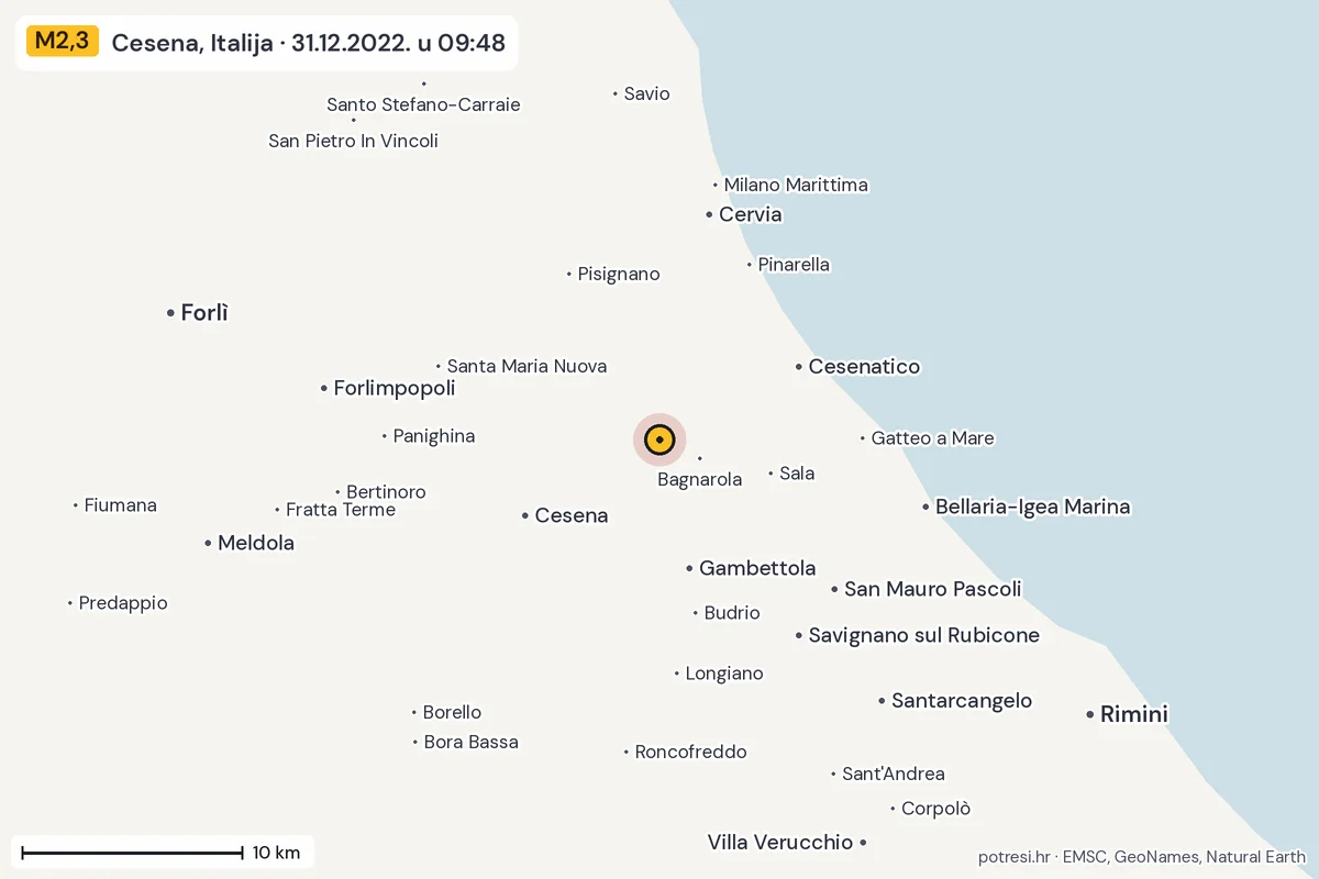 Karta: okolica epicentra, 60 km, potres M2,3, Cesena, Italija, 31.12.2022.