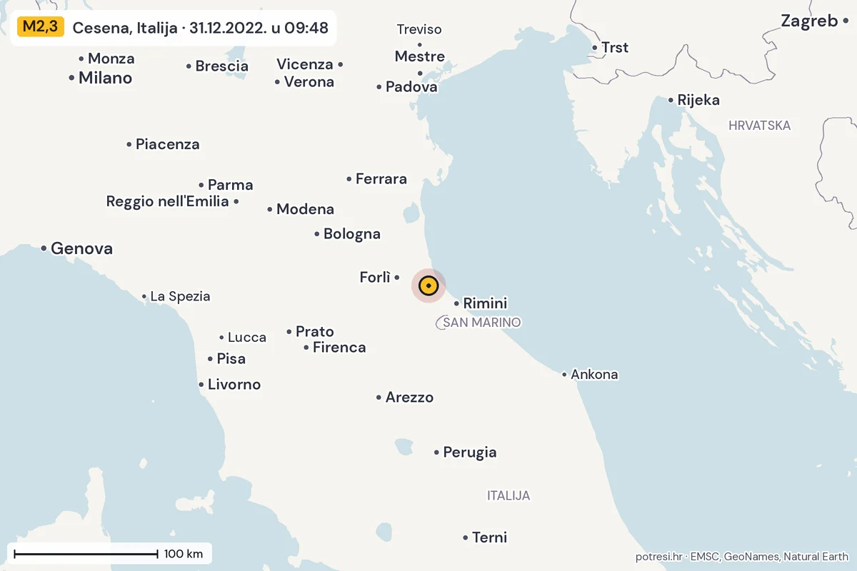 Karta: šire područje, 600 km, potres M2,3, Cesena, Italija, 31.12.2022.