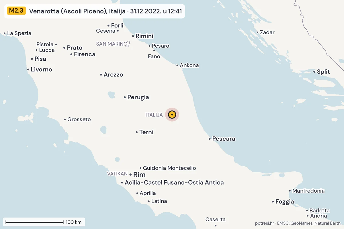 Karta: šire područje, 600 km, potres M2,3, Venarotta (Ascoli Piceno), Italija, 31.12.2022.