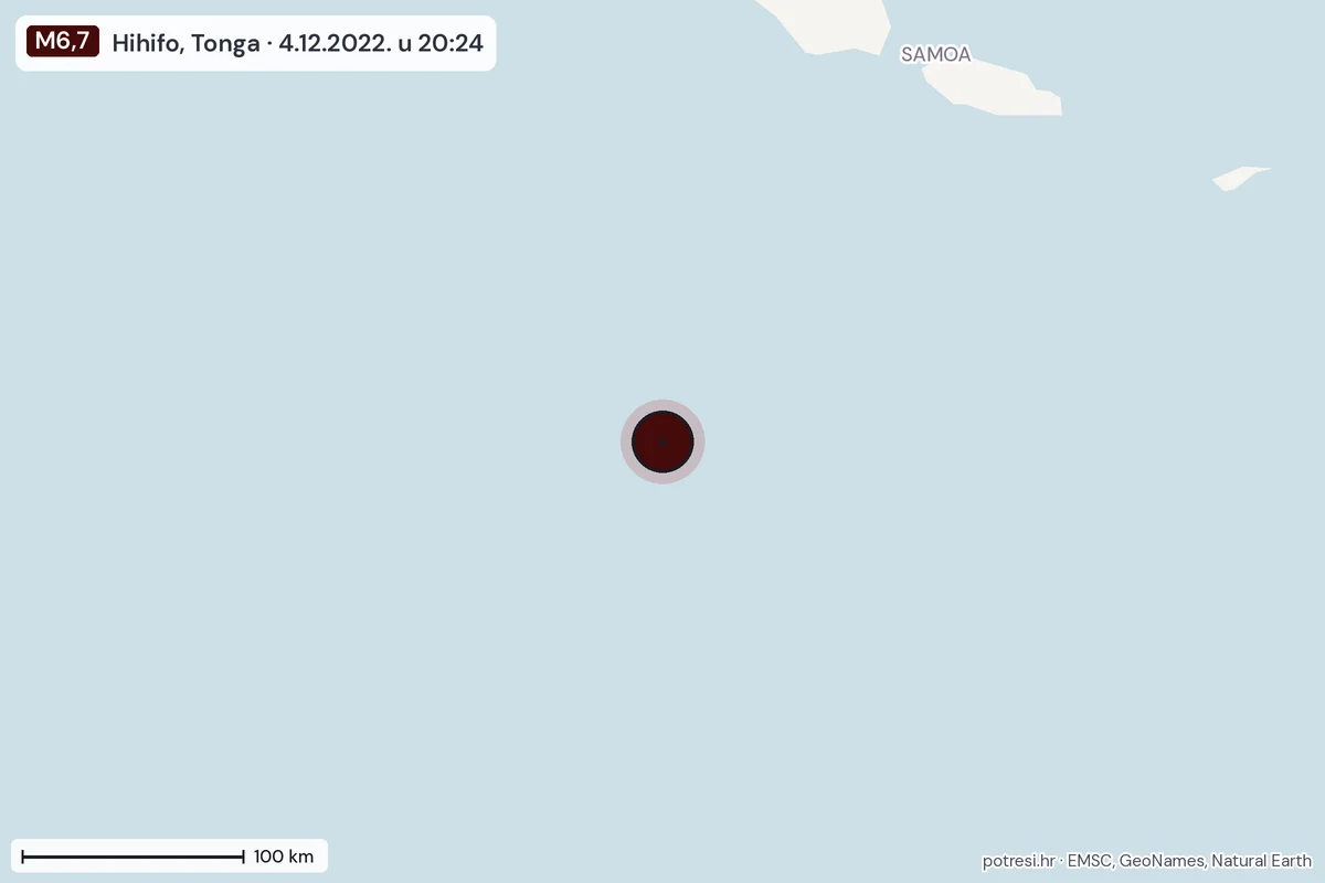 Karta: šire područje, 600 km, potres M6,7, Hihifo, Tonga, 4.12.2022.