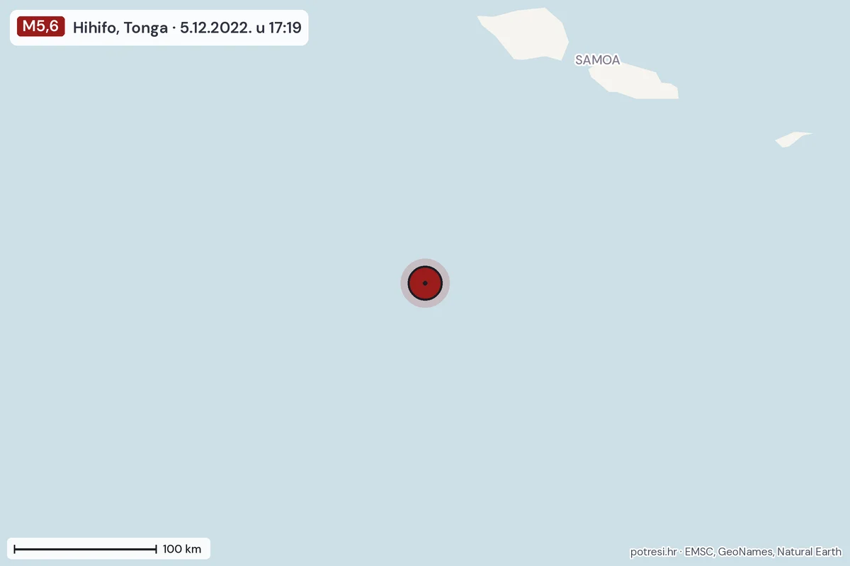 Karta: šire područje, 600 km, potres M5,6, Hihifo, Tonga, 5.12.2022.