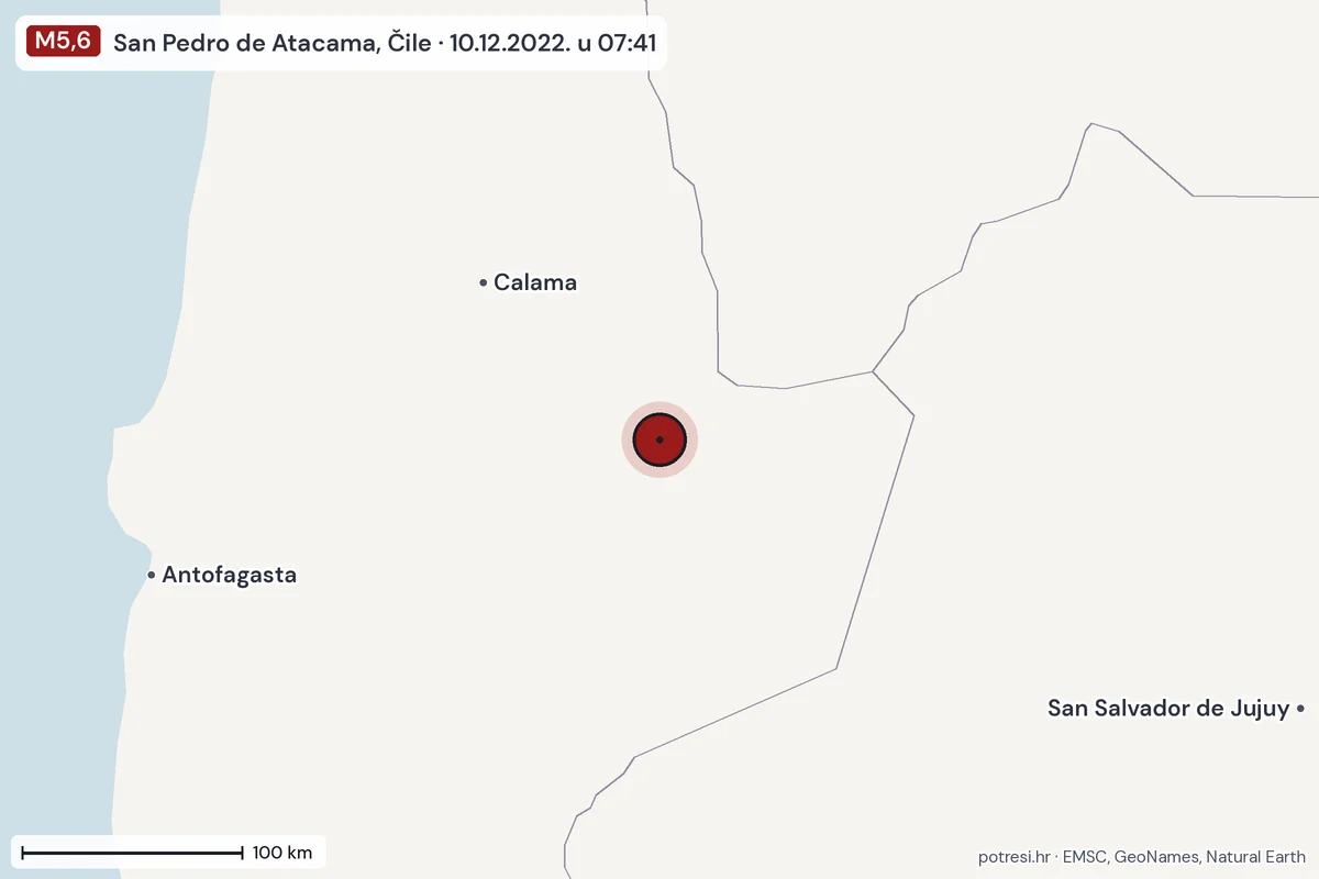 Karta: šire područje, 600 km, potres M5,6, San Pedro de Atacama, Čile, 10.12.2022.