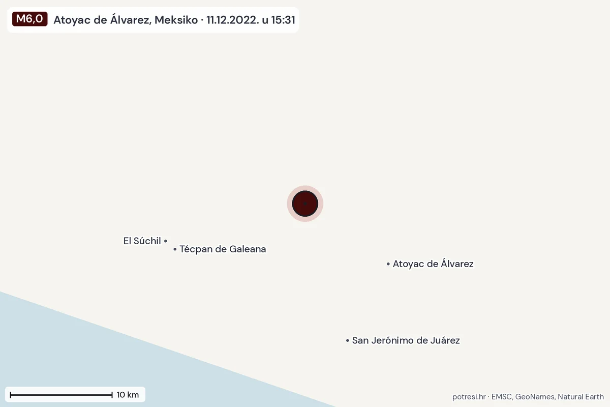 Karta: okolica epicentra, 60 km, potres M6,0, Atoyac de Álvarez, Meksiko, 11.12.2022.