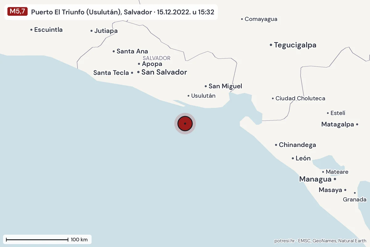 Karta: šire područje, 600 km, potres M5,7, Puerto El Triunfo (Usulután), Salvador, 15.12.2022.