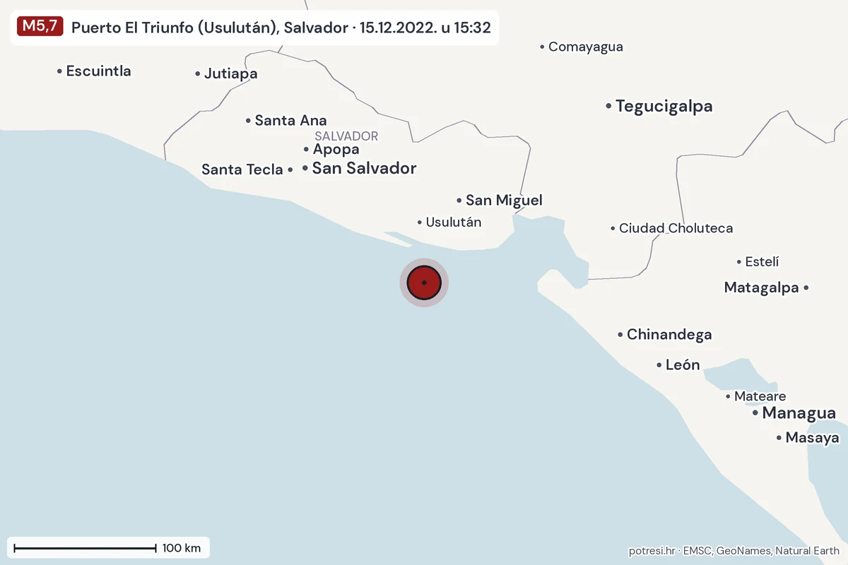 Karta: šire područje, 600 km, potres M5,7, Puerto El Triunfo (Usulután), Salvador, 15.12.2022.