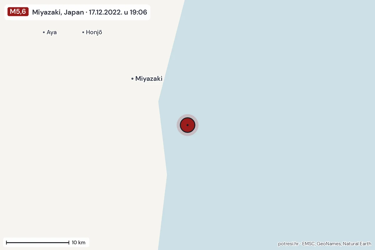 Karta: okolica epicentra, 60 km, potres M5,6, Miyazaki, Japan, 17.12.2022.