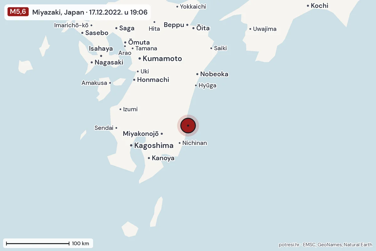 Karta: šire područje, 600 km, potres M5,6, Miyazaki, Japan, 17.12.2022.