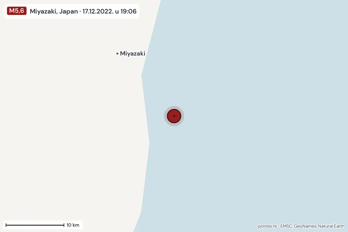 Karta: okolica epicentra, 60 km, potres M5,6, Miyazaki, Japan, 17.12.2022.