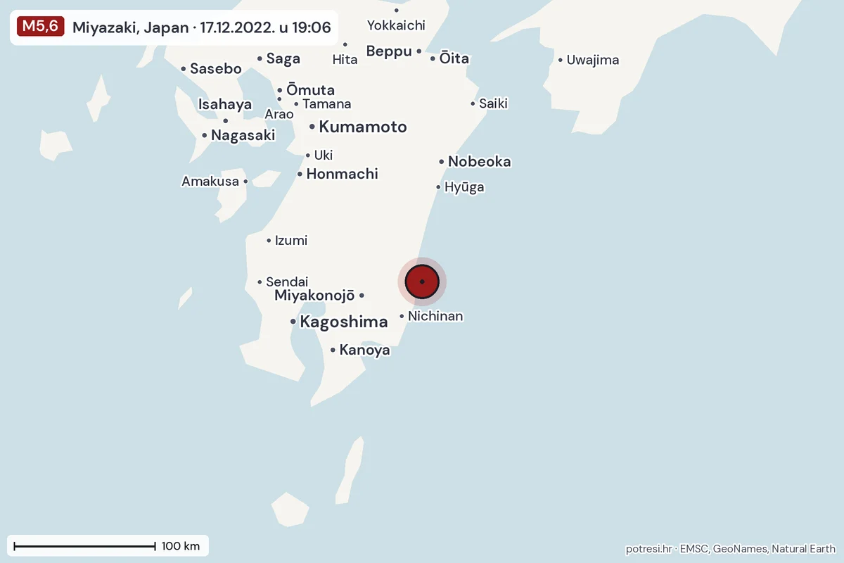 Karta: šire područje, 600 km, potres M5,6, Miyazaki, Japan, 17.12.2022.
