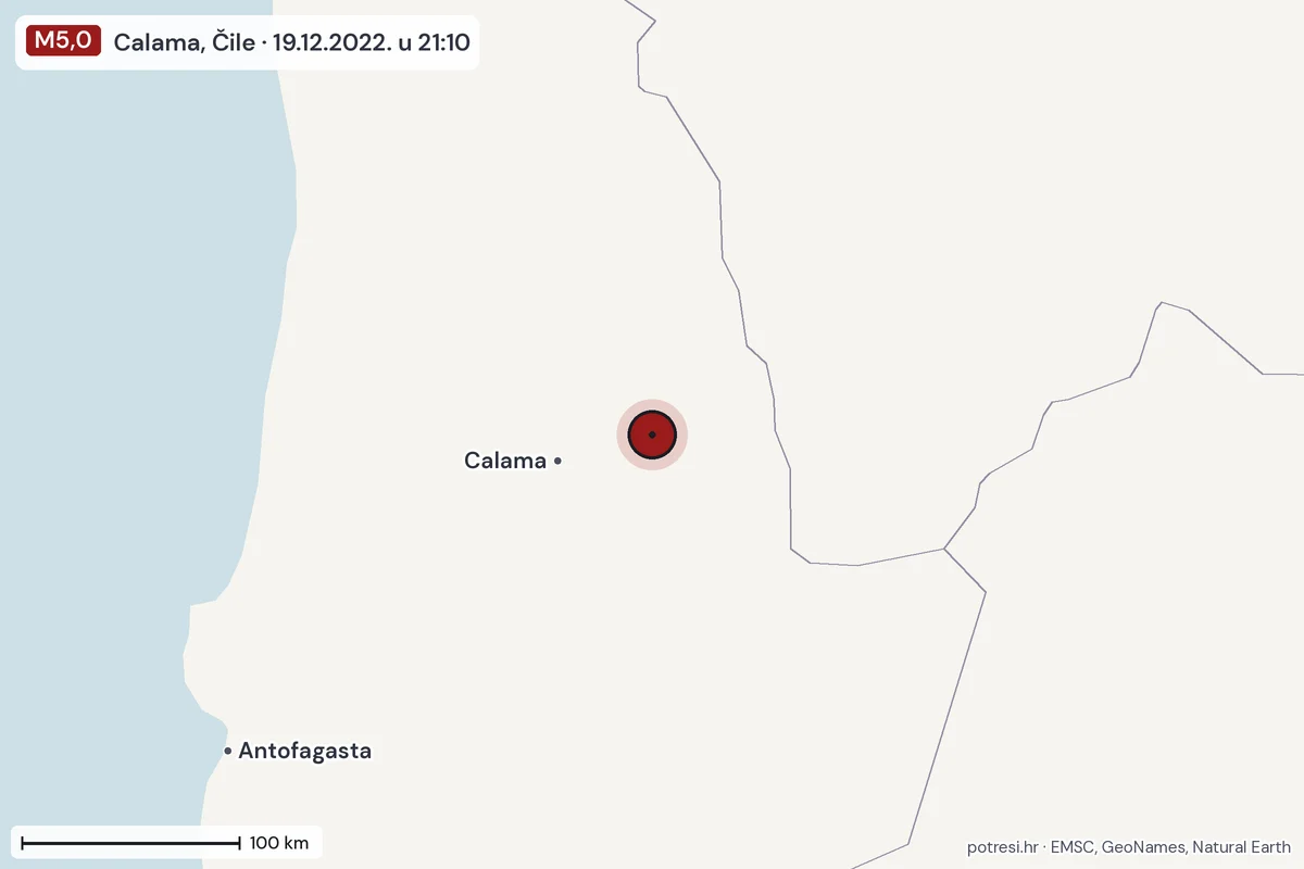 Karta: šire područje, 600 km, potres M5,0, Calama, Čile, 19.12.2022.