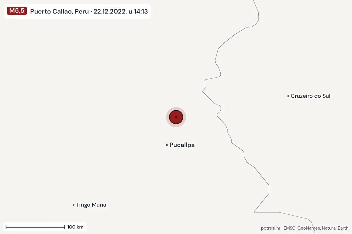 Karta: šire područje, 600 km, potres M5,5, Puerto Callao, Peru, 22.12.2022.
