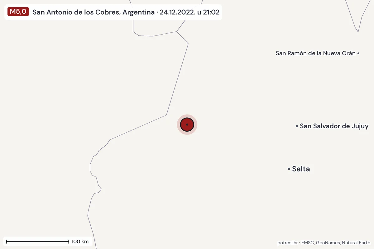 Karta: šire područje, 600 km, potres M5,0, San Antonio de los Cobres, Argentina, 24.12.2022.