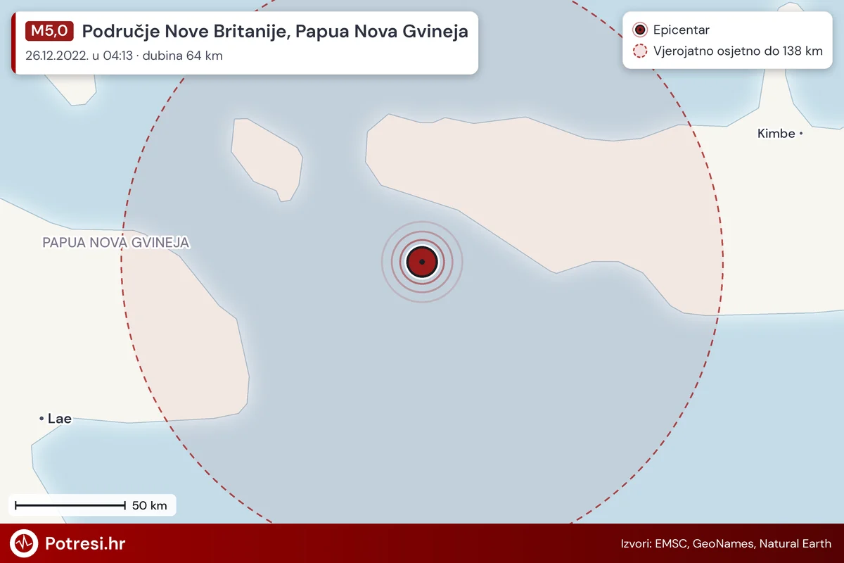 Karta: šire područje i vjerojatni doseg osjeta, potres M5,0, Područje Nove Britanije, Papua Nova Gvineja, 26.12.2022.