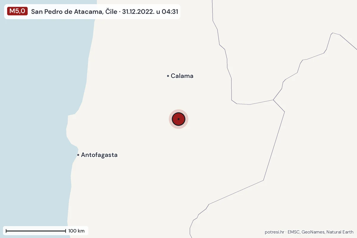 Karta: šire područje, 600 km, potres M5,0, San Pedro de Atacama, Čile, 31.12.2022.
