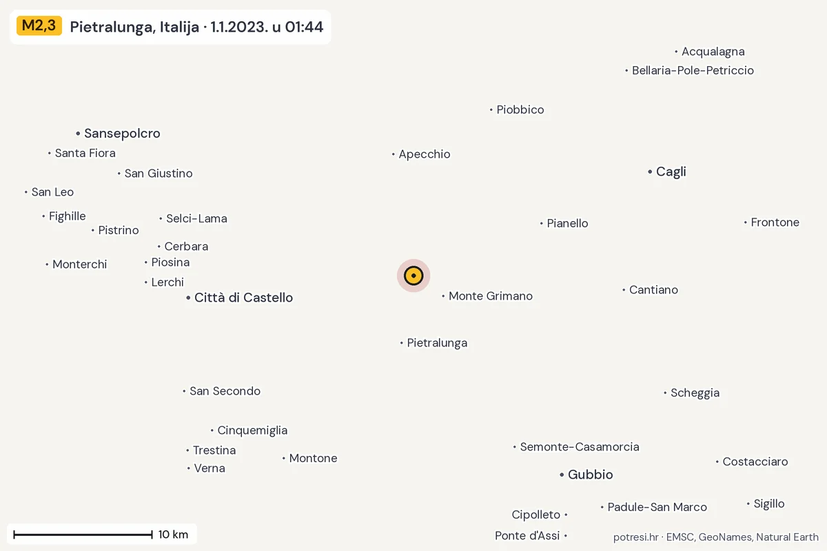 Karta: okolica epicentra, 60 km, potres M2,3, Pietralunga, Italija, 1.1.2023.