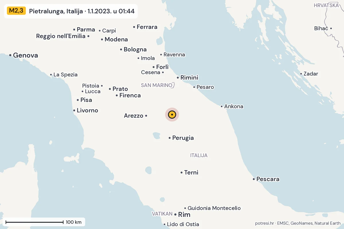 Karta: šire područje, 600 km, potres M2,3, Pietralunga, Italija, 1.1.2023.