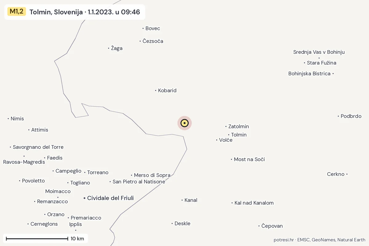 Karta: okolica epicentra, 60 km, potres M1,2, Tolmin, Slovenija, 1.1.2023.