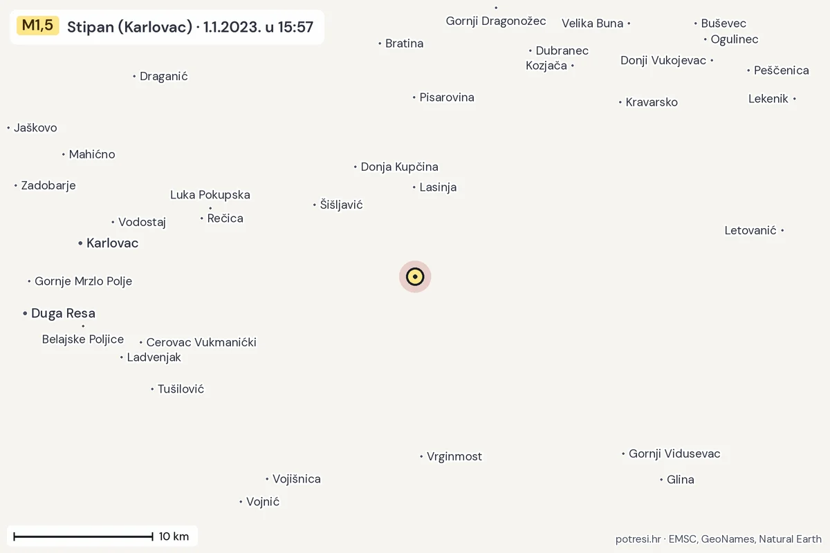 Karta: okolica epicentra, 60 km, potres M1,5, Stipan (Karlovac), 1.1.2023.