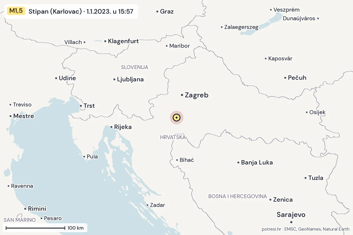 Karta: šire područje, 600 km, potres M1,5, Stipan (Karlovac), 1.1.2023.