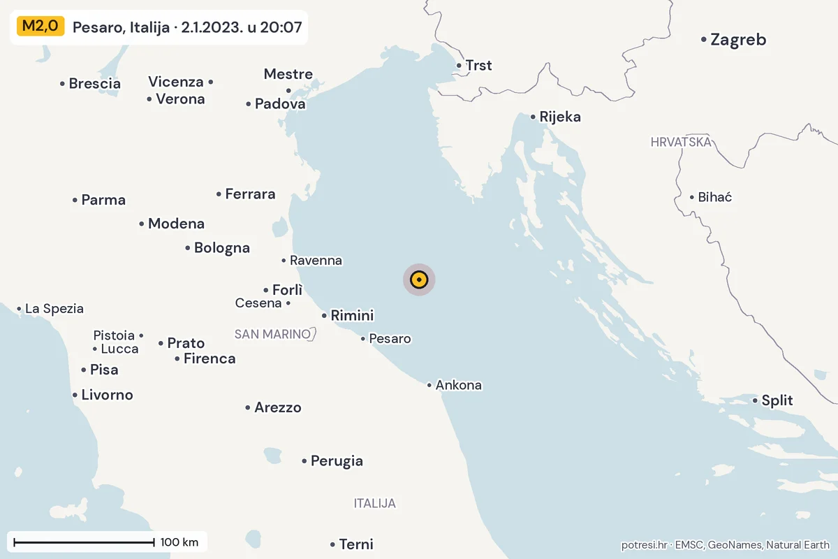 Karta: šire područje, 600 km, potres M2,0, Pesaro, Italija, 2.1.2023.