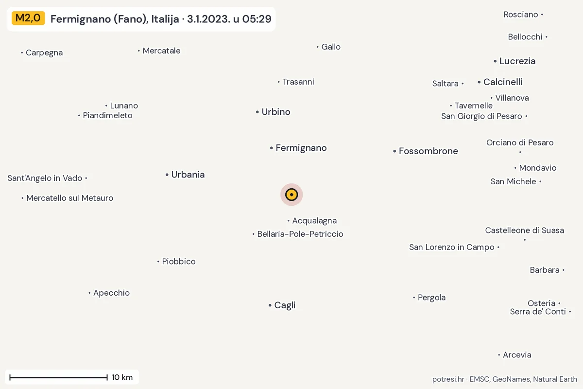 Karta: okolica epicentra, 60 km, potres M2,0, Fermignano (Fano), Italija, 3.1.2023.