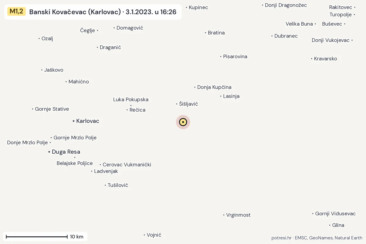 Karta: okolica epicentra, 60 km, potres M1,2, Banski Kovačevac (Karlovac), 3.1.2023.