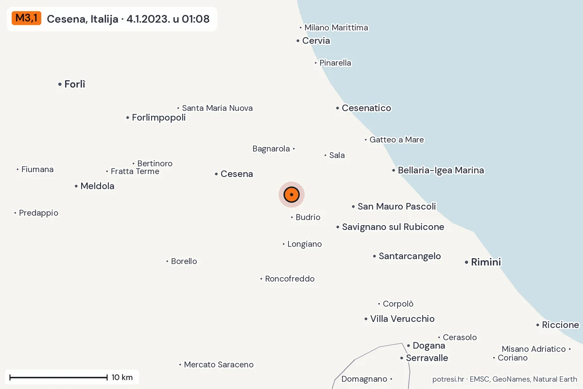 Karta: okolica epicentra, 60 km, potres M3,1, Cesena, Italija, 4.1.2023.