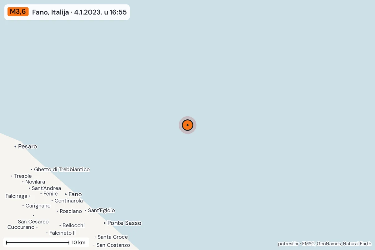 Karta: okolica epicentra, 60 km, potres M3,6, Fano, Italija, 4.1.2023.