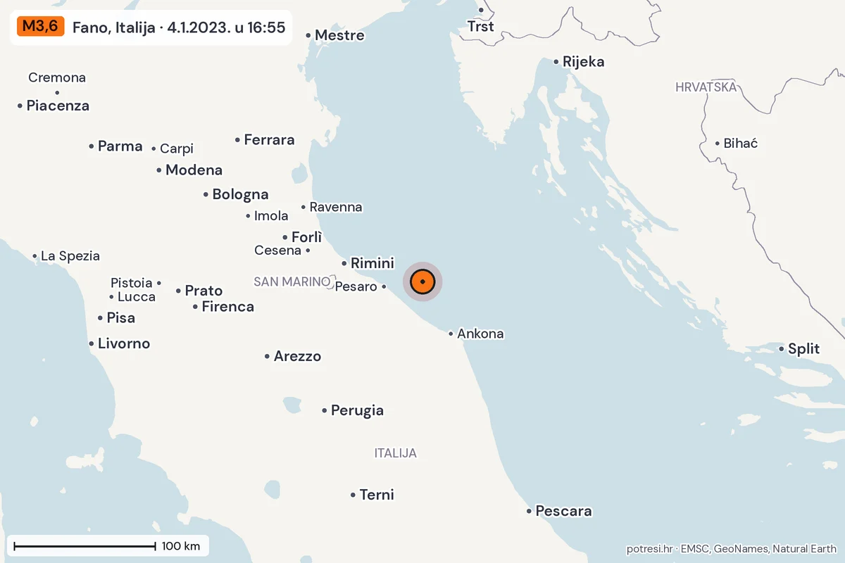 Karta: šire područje, 600 km, potres M3,6, Fano, Italija, 4.1.2023.