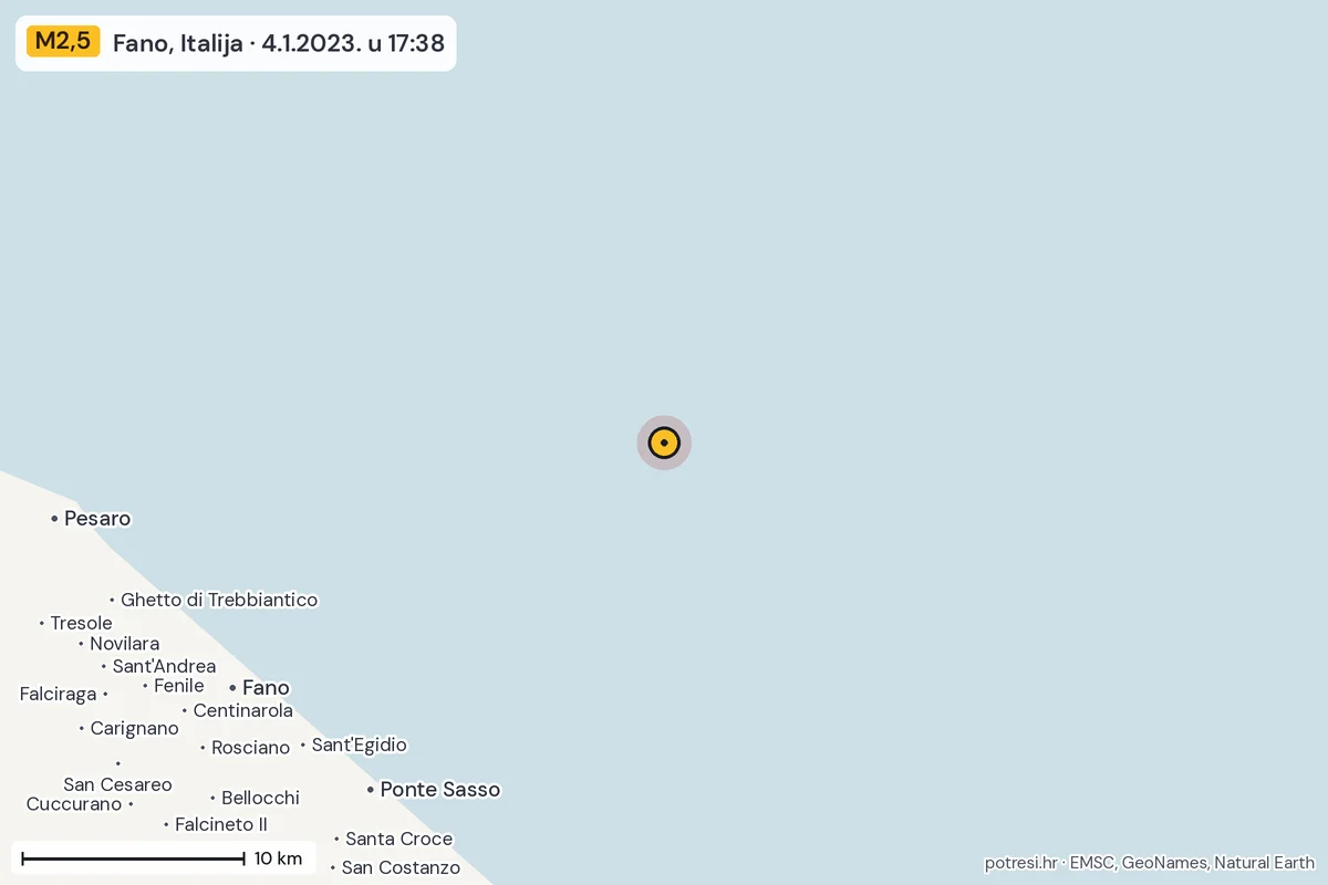 Karta: okolica epicentra, 60 km, potres M2,5, Fano, Italija, 4.1.2023.