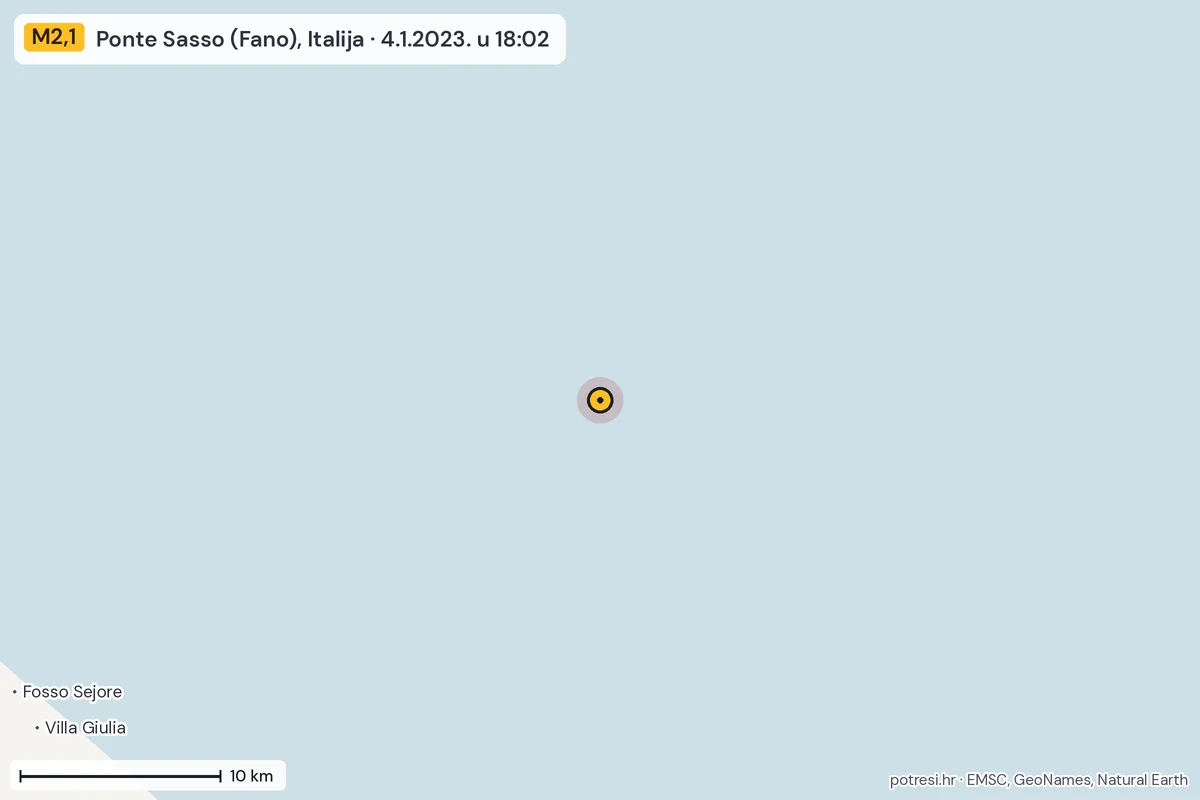 Karta: okolica epicentra, 60 km, potres M2,1, Ponte Sasso (Fano), Italija, 4.1.2023.
