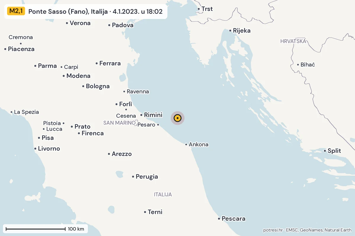 Karta: šire područje, 600 km, potres M2,1, Ponte Sasso (Fano), Italija, 4.1.2023.