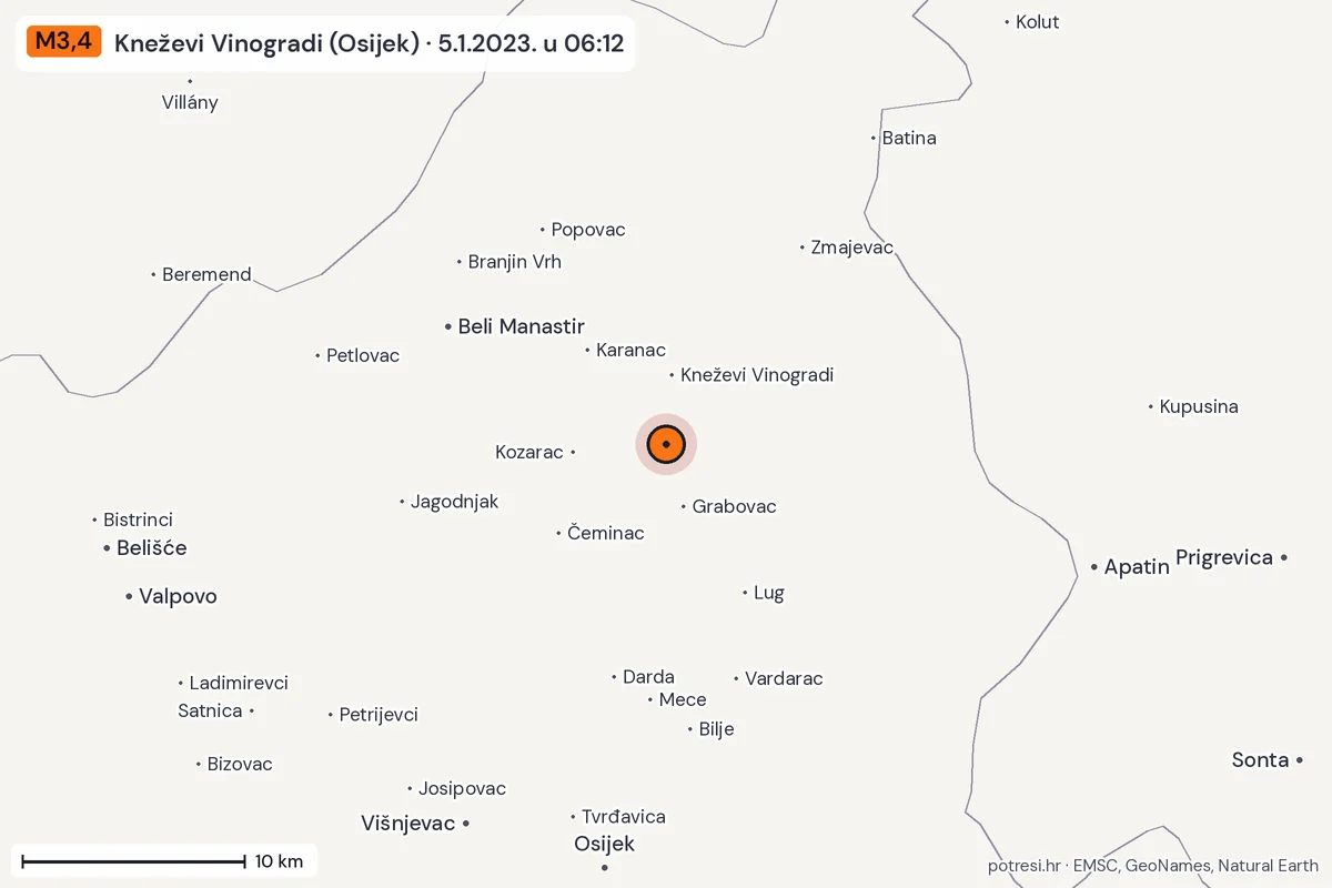 Karta: okolica epicentra, 60 km, potres M3,4, Kneževi Vinogradi (Osijek), 5.1.2023.