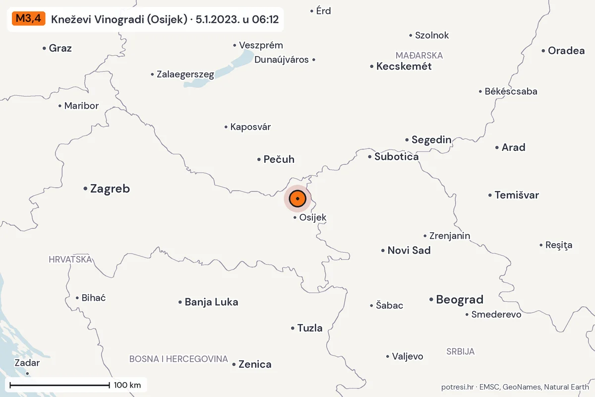 Karta: šire područje, 600 km, potres M3,4, Kneževi Vinogradi (Osijek), 5.1.2023.