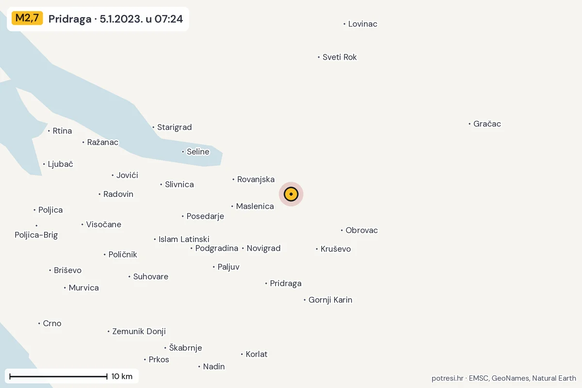 Karta: okolica epicentra, 60 km, potres M2,7, Pridraga, 5.1.2023.