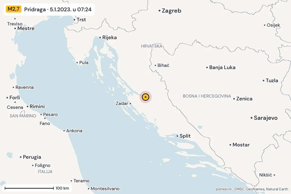 Karta: šire područje, 600 km, potres M2,7, Pridraga, 5.1.2023.