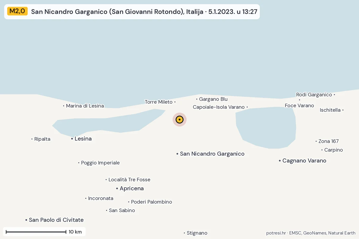 Karta: okolica epicentra, 60 km, potres M2,0, San Nicandro Garganico (San Giovanni Rotondo), Italija, 5.1.2023.