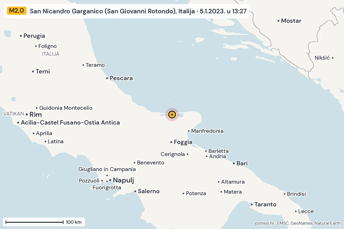 Karta: šire područje, 600 km, potres M2,0, San Nicandro Garganico (San Giovanni Rotondo), Italija, 5.1.2023.