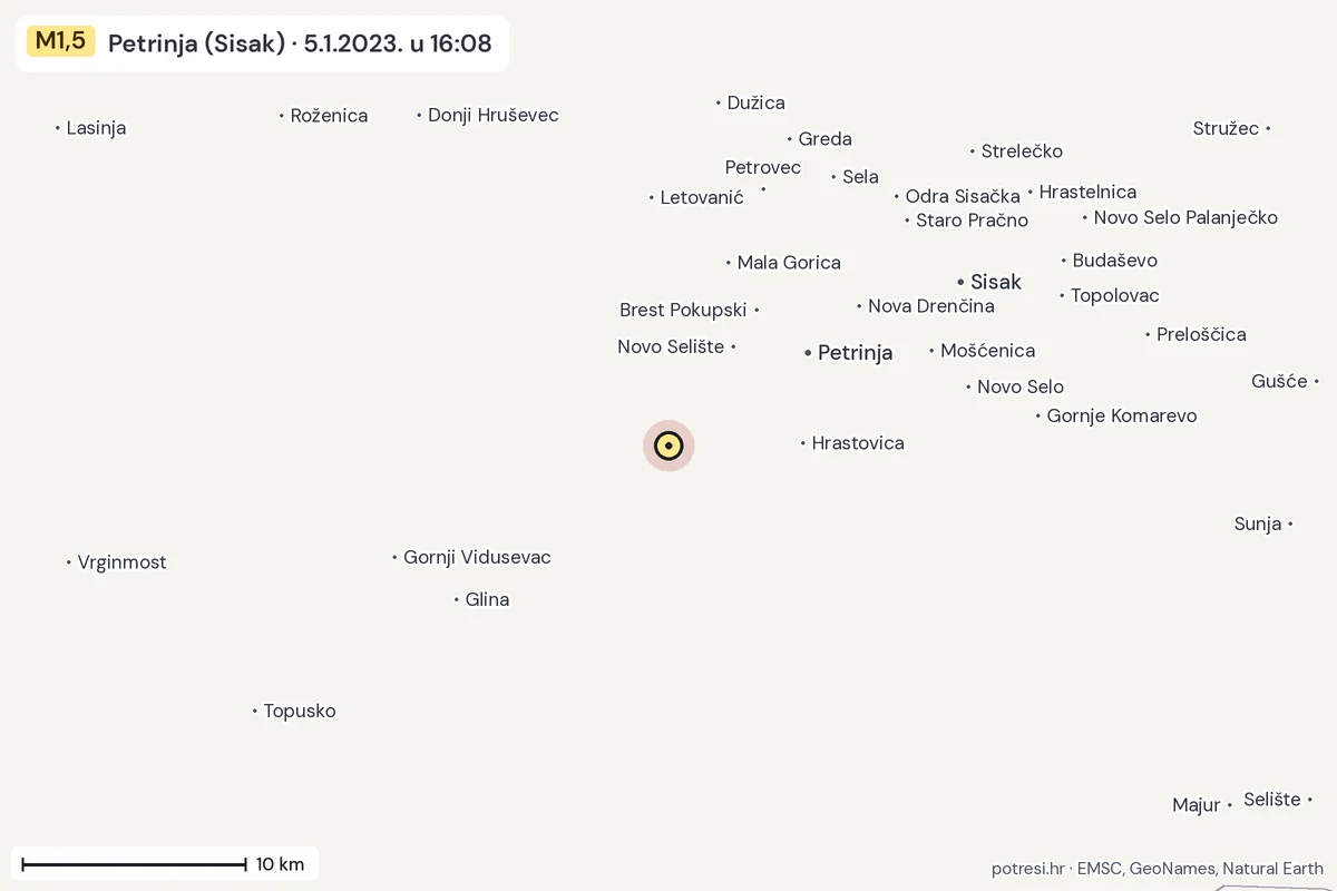 Karta: okolica epicentra, 60 km, potres M1,5, Petrinja (Sisak), 5.1.2023.