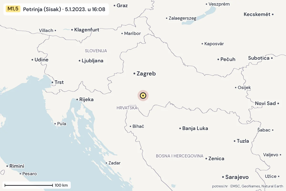 Karta: šire područje, 600 km, potres M1,5, Petrinja (Sisak), 5.1.2023.