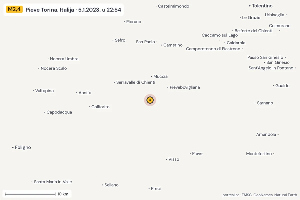 Karta: okolica epicentra, 60 km, potres M2,4, Pieve Torina, Italija, 5.1.2023.
