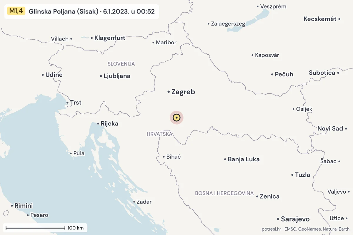 Karta: šire područje, 600 km, potres M1,4, Glinska Poljana (Sisak), 6.1.2023.
