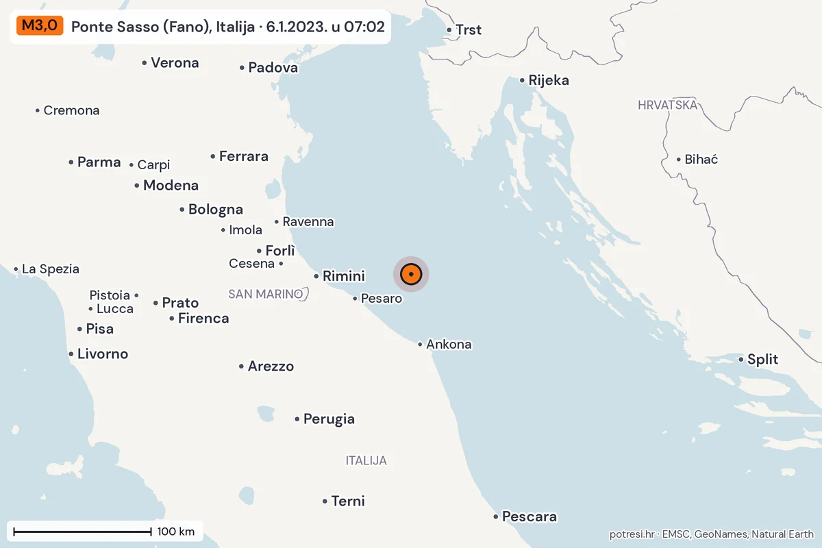 Karta: šire područje, 600 km, potres M3,0, Ponte Sasso (Fano), Italija, 6.1.2023.
