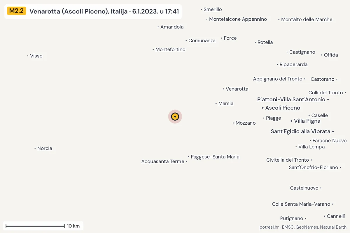 Karta: okolica epicentra, 60 km, potres M2,2, Venarotta (Ascoli Piceno), Italija, 6.1.2023.