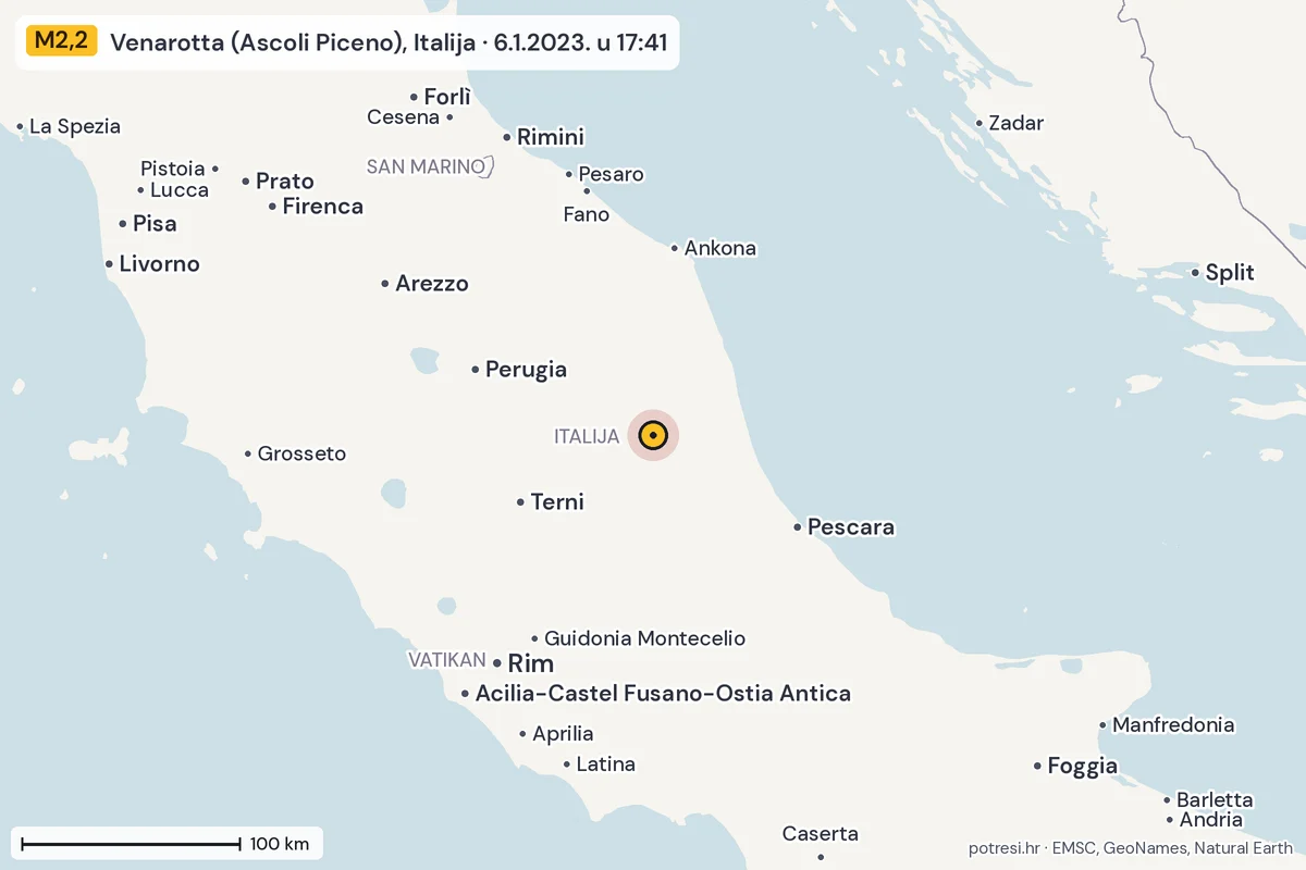 Karta: šire područje, 600 km, potres M2,2, Venarotta (Ascoli Piceno), Italija, 6.1.2023.