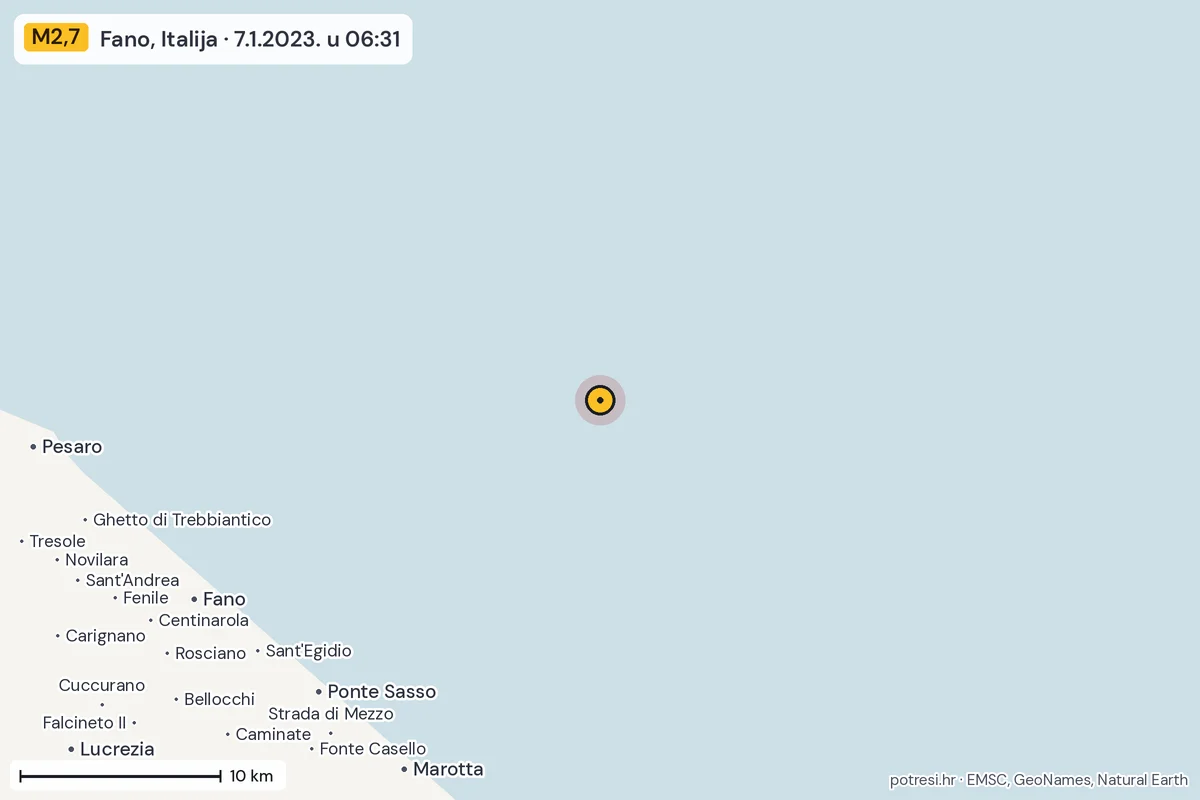 Karta: okolica epicentra, 60 km, potres M2,7, Fano, Italija, 7.1.2023.