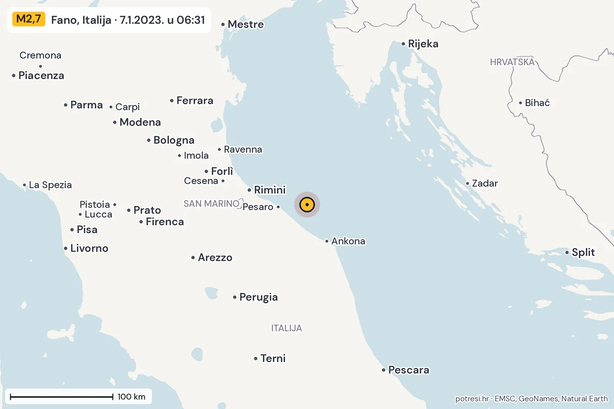 Karta: šire područje, 600 km, potres M2,7, Fano, Italija, 7.1.2023.