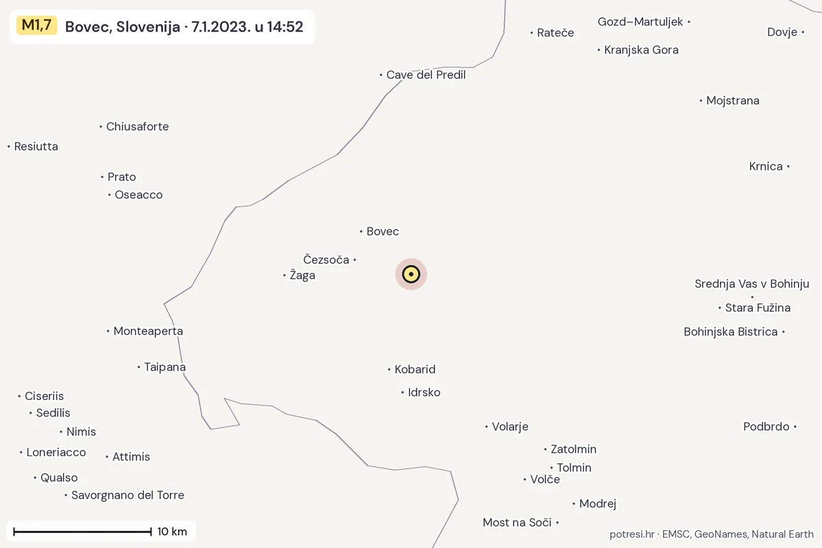 Karta: okolica epicentra, 60 km, potres M1,7, Bovec, Slovenija, 7.1.2023.