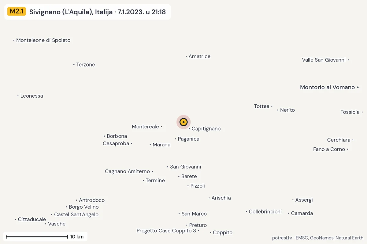 Karta: okolica epicentra, 60 km, potres M2,1, Sivignano (L'Aquila), Italija, 7.1.2023.